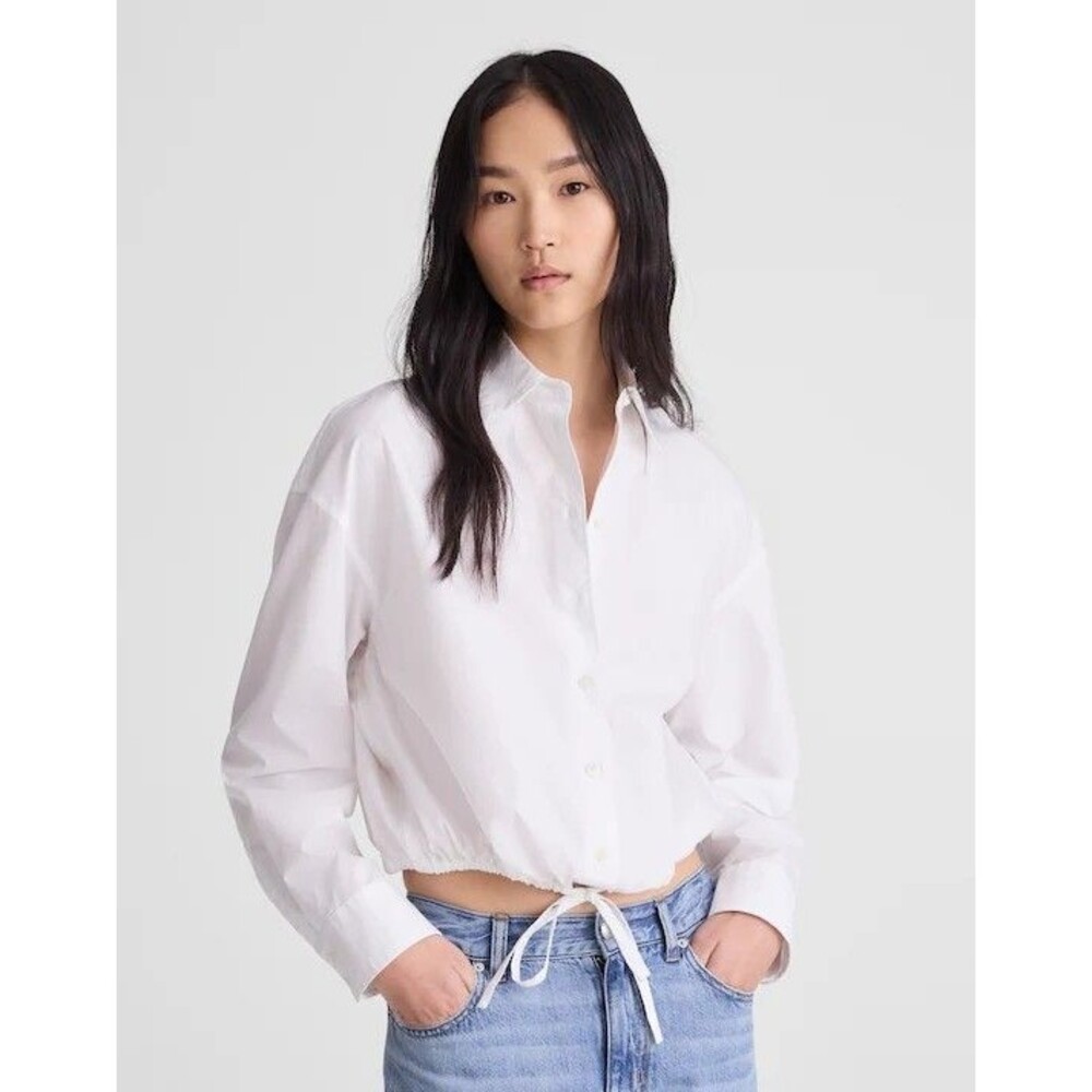 Madewell Drawstring Button Up Shirt Poplin Small White Cotton Contemporary NZ452